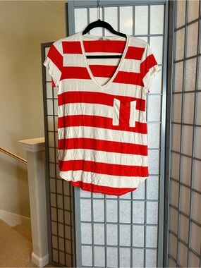 Anthropologie Bordeaux Red & Cream Striped V-Neck Pocket Tee